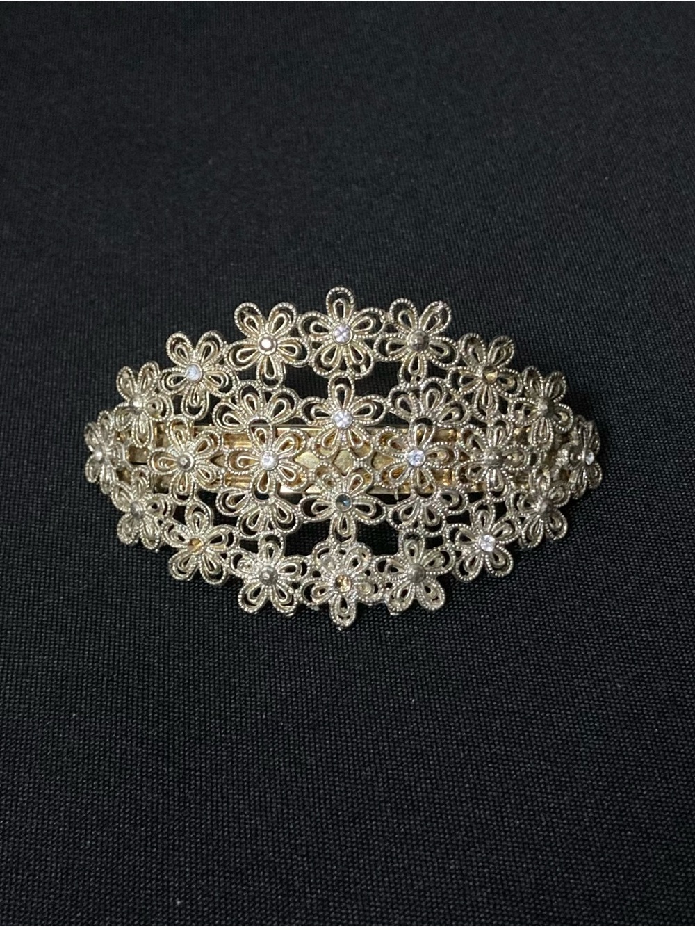 ⭐️ Vintage Silver Filigree Floral Rhinestone Embellished French Barrette